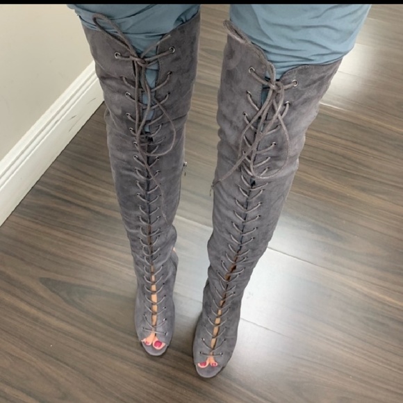 Faux suede open toe lace up bootie -grey - Picture 4 of 7